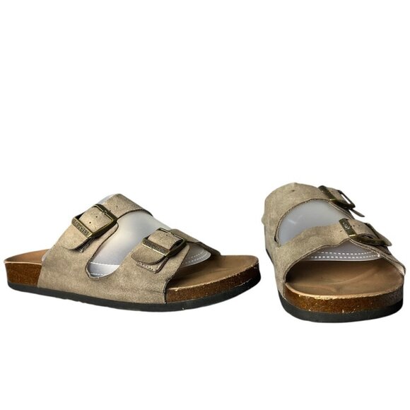 Skechers Women's 9 Double Buckle Faux Leather Slide Sandals Taupe Comfort Foam‎ - Picture 1 of 7